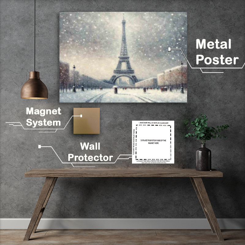 Buy Metal Poster : (Impressionist Winter Snowfall at the Eiffel Tower Paris)