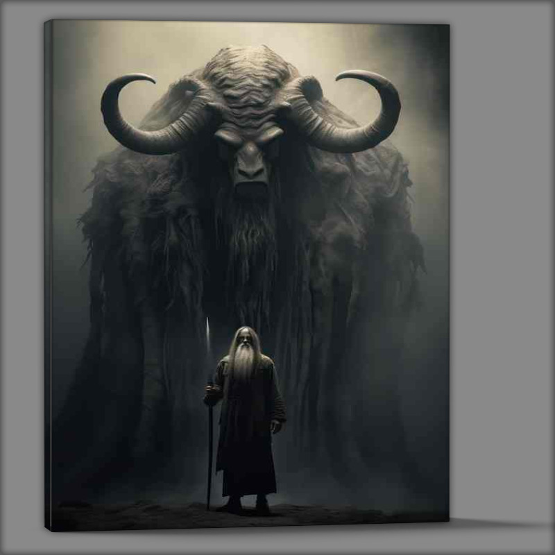 Buy Canvas : (Old wizzard leading theimposing giant monstee to battle)