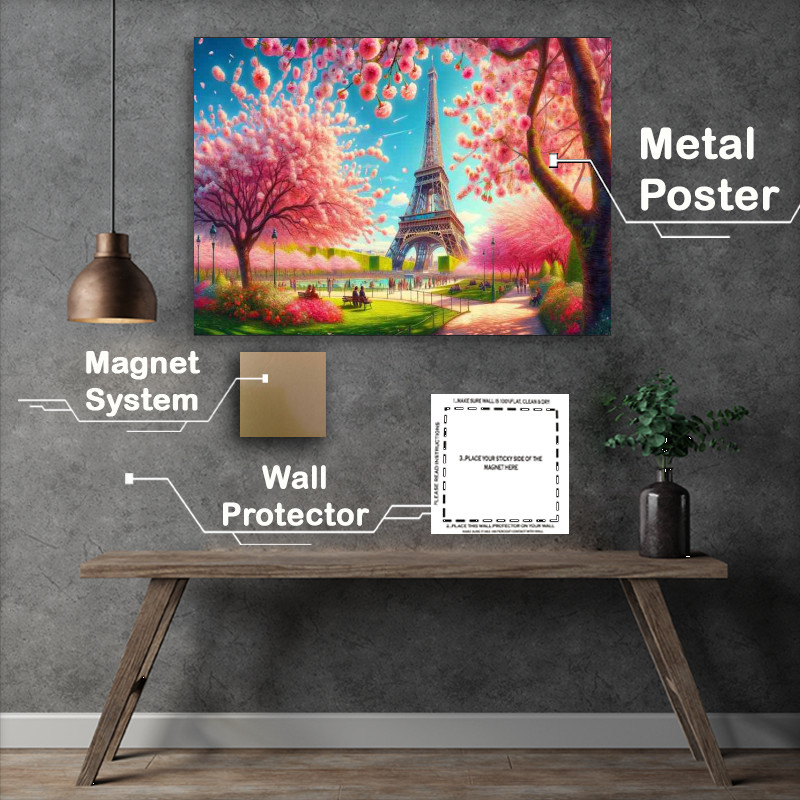 Buy : (Springs Dance Blooming Cherry Blossoms near Eiffel Tower Metal Poster)