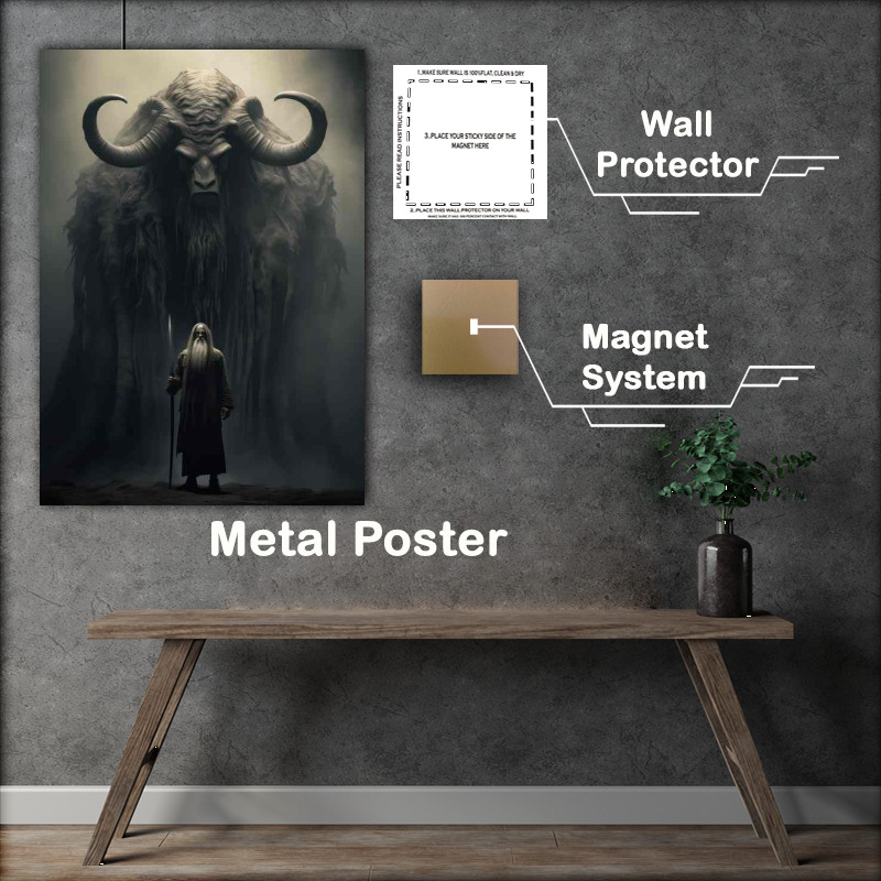 Buy Metal Poster : (Old wizzard leading theimposing giant monstee to battle)