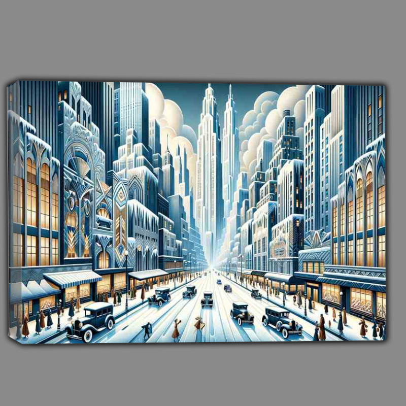 Buy Canvas : (Winters Embrace A Snowy Cityscape in Art Deco Style)