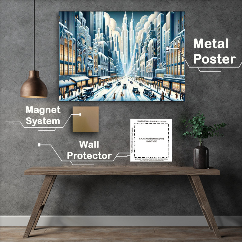 Buy Metal Poster : (Winters Embrace A Snowy Cityscape in Art Deco Style)