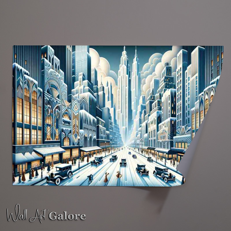 Buy Unframed Poster : (Winters Embrace A Snowy Cityscape in Art Deco Style)