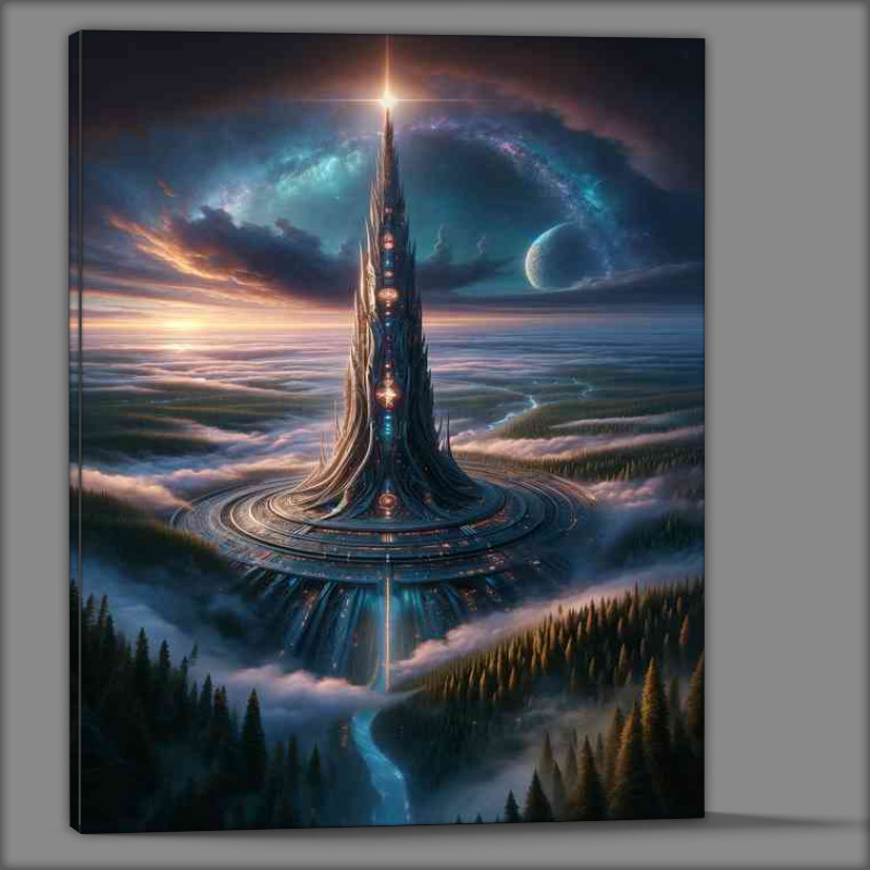 Buy Canvas : (A stunning vertical view from a fantasy planet captures a tower)