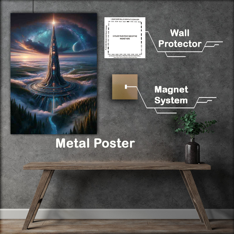 Buy Metal Poster : (A stunning vertical view from a fantasy planet captures a tower)