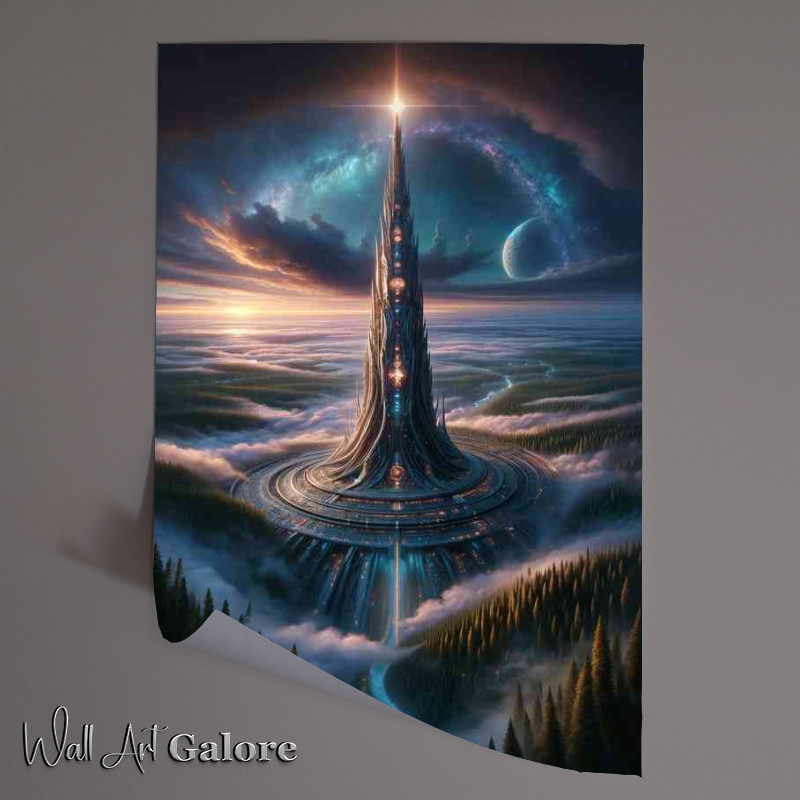 Buy Unframed Poster : (A stunning vertical view from a fantasy planet captures a tower)