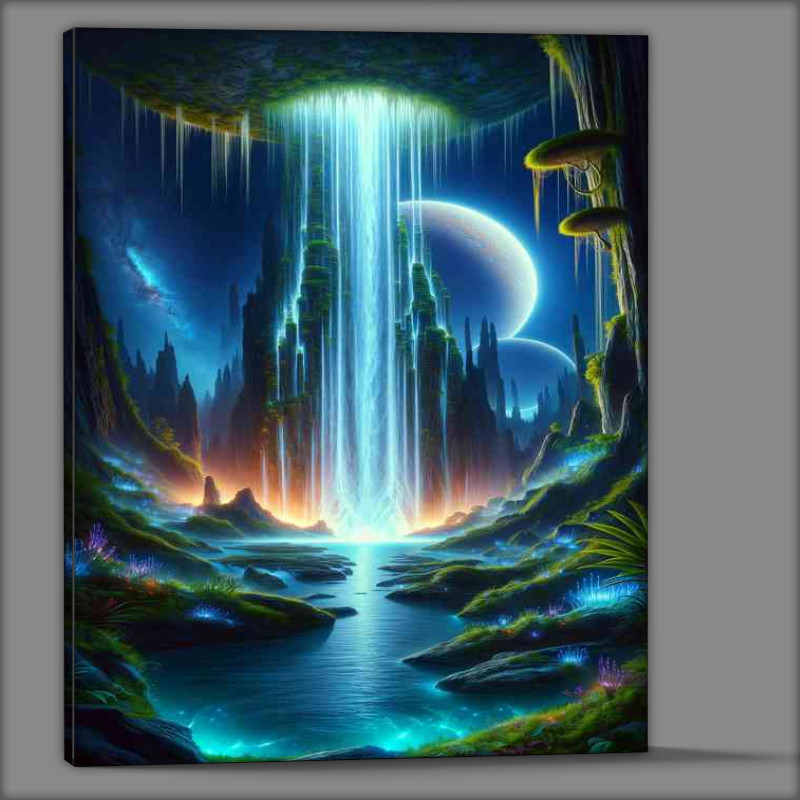 Buy Canvas : (A unique vertical view from a fantasy planet magnifice waterfall)