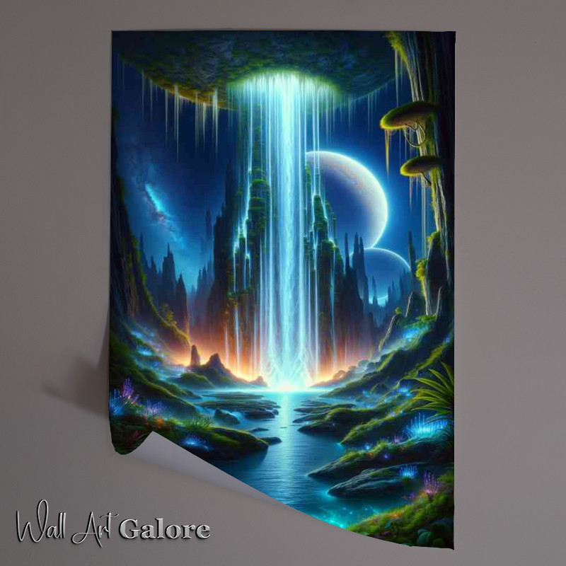Buy Unframed Poster : (A unique vertical view from a fantasy planet magnifice waterfall)