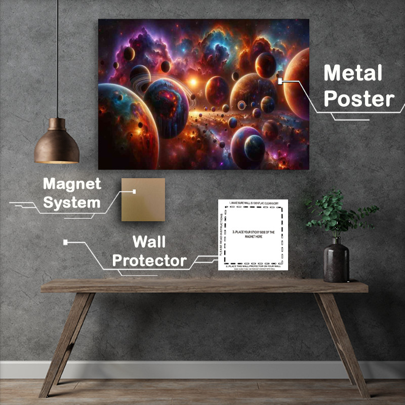 Buy Metal Poster : (A fantastical space scene includes an array of mixed planets)