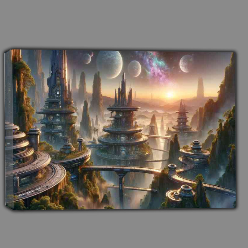 Buy Canvas : (A fantasy planet The scene depicts an alien city at dawn)