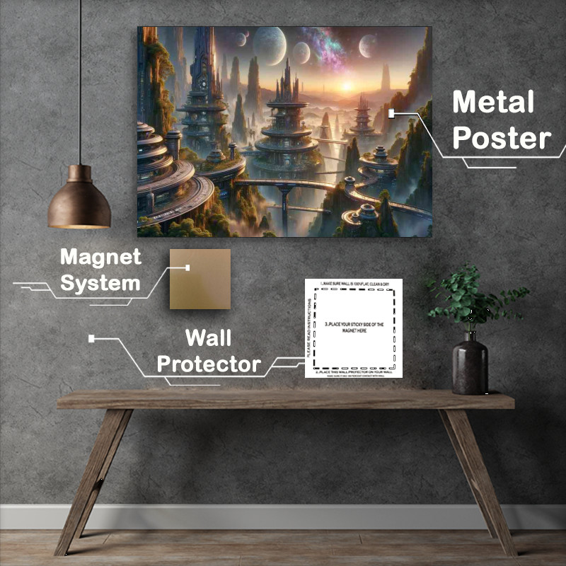 Buy Metal Poster : (A fantasy planet The scene depicts an alien city at dawn)