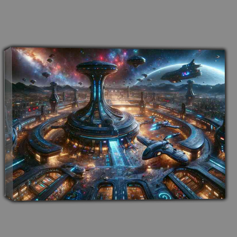 Buy Canvas : (A fantasy planet depicts a large futuristic settlement)