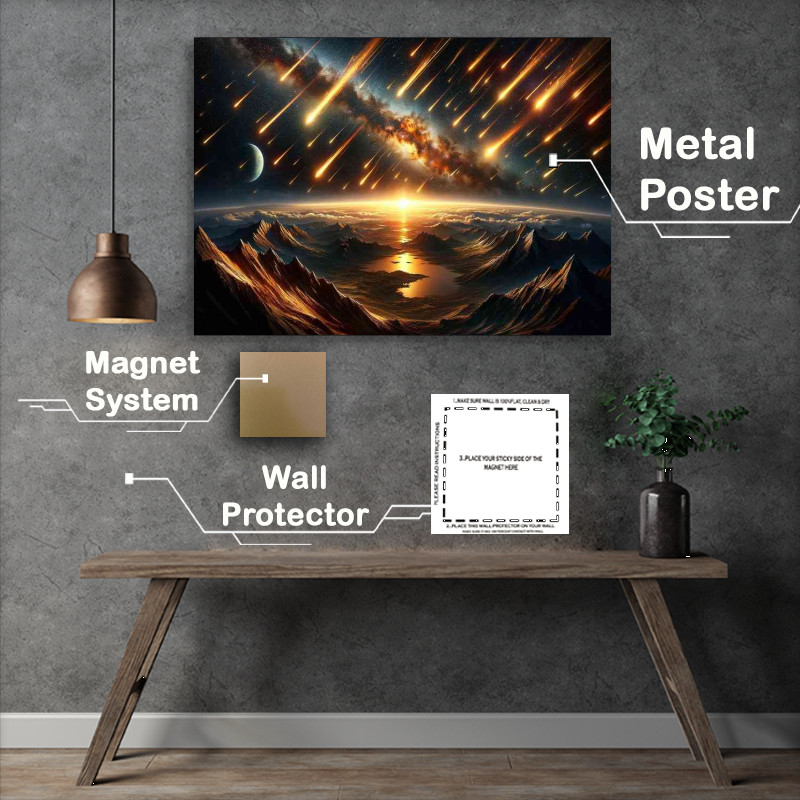 Buy Metal Poster : (A fantasy space scene where a meteor shower illuminates the night sky)