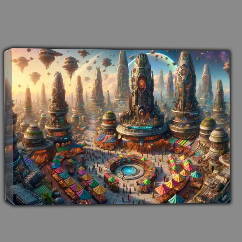 Buy Canvas : (A panoramic view from a fantasy planet a vibrant alien market)
