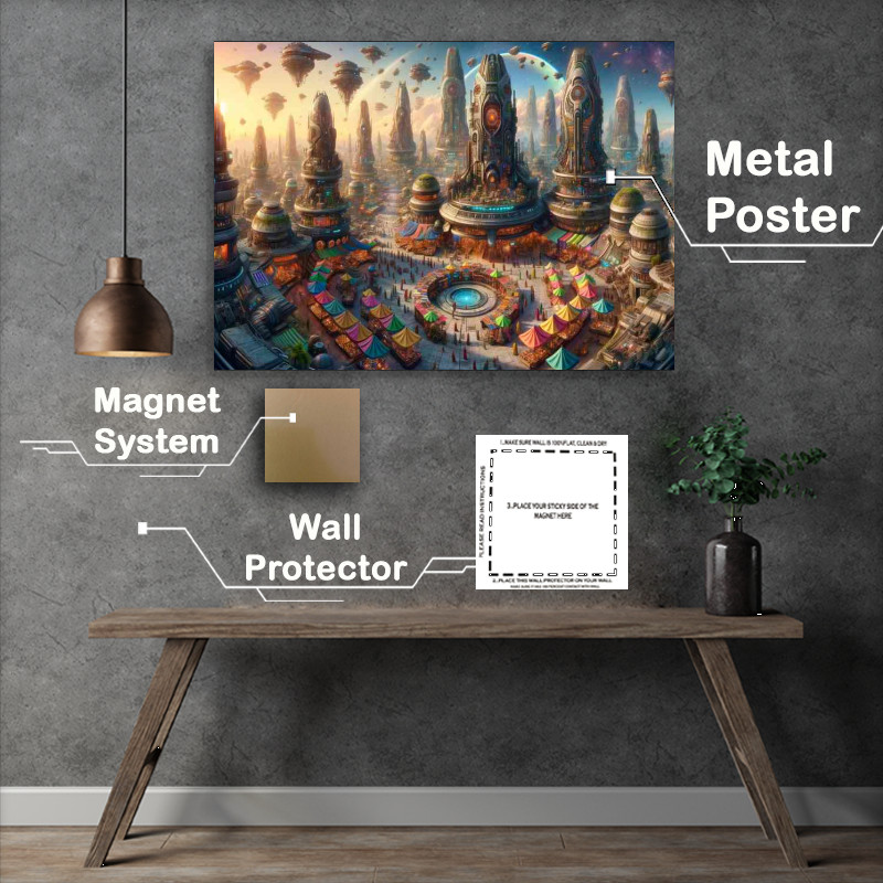 Buy Metal Poster : (A panoramic view from a fantasy planet a vibrant alien market)