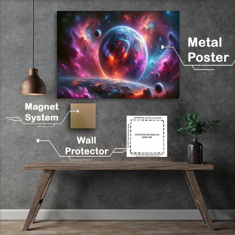 Buy Metal Poster : (A space fantasy planet surrounded by a colorful nebula)