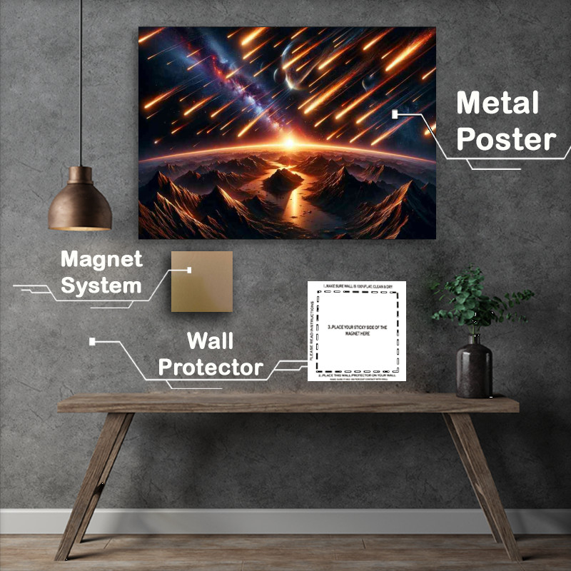 Buy Metal Poster : (A space scene where a meteor shower illuminates the night sky)