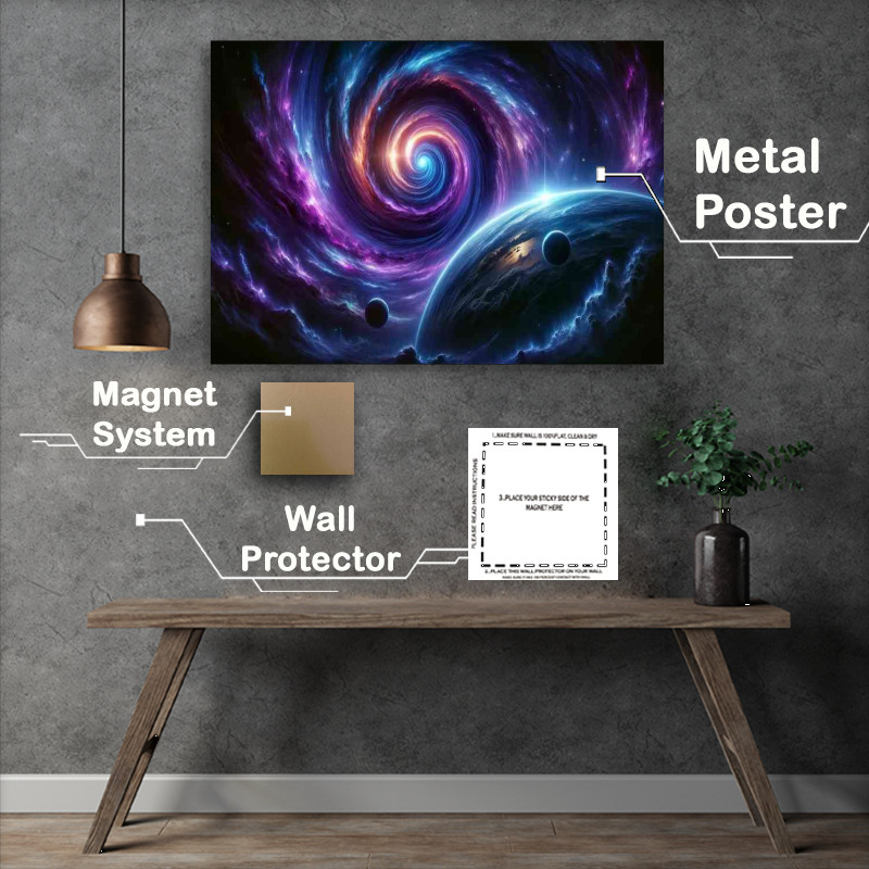 Buy Metal Poster : (A space scene with a massive space anomaly near a distant planet. The a)