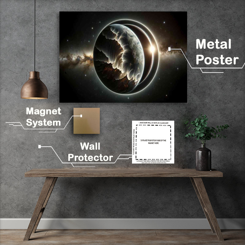 Buy Metal Poster : (A stunning view from space of a fantasy planet during a solar eclipse)