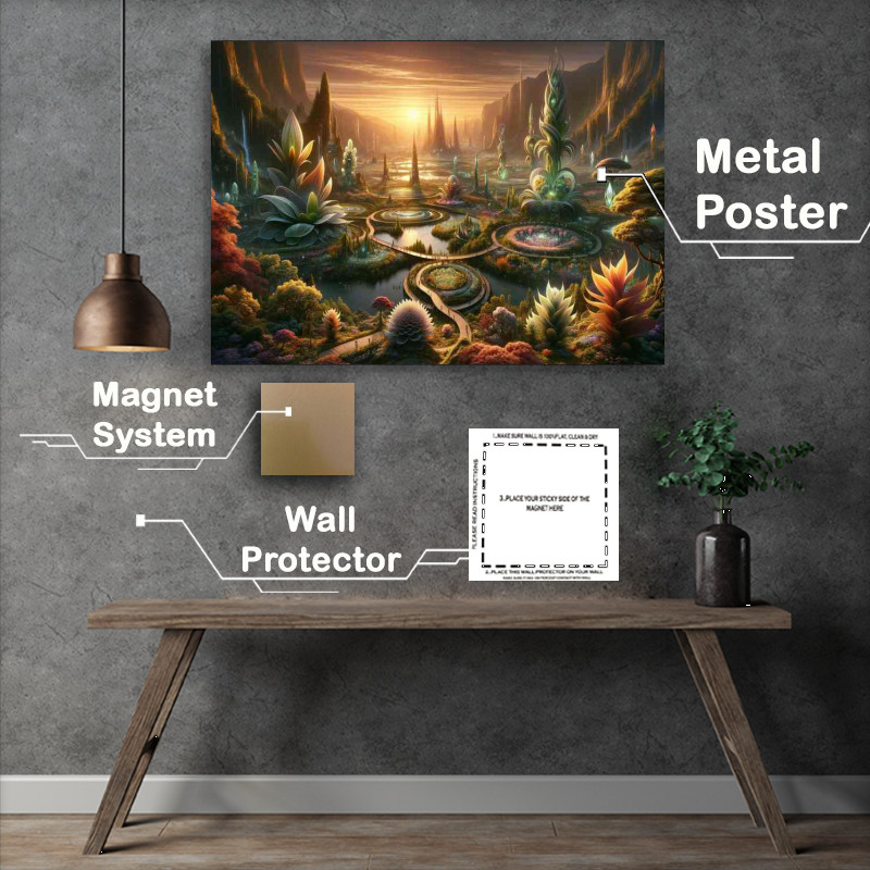 Buy Metal Poster : (A view from a fantasy planet presents a large alien botani)