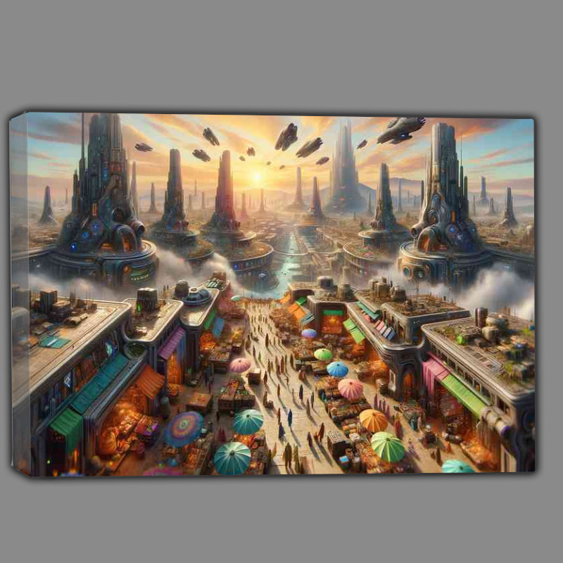 Buy Canvas : (A view from a fantasy planet vibrant alien market)