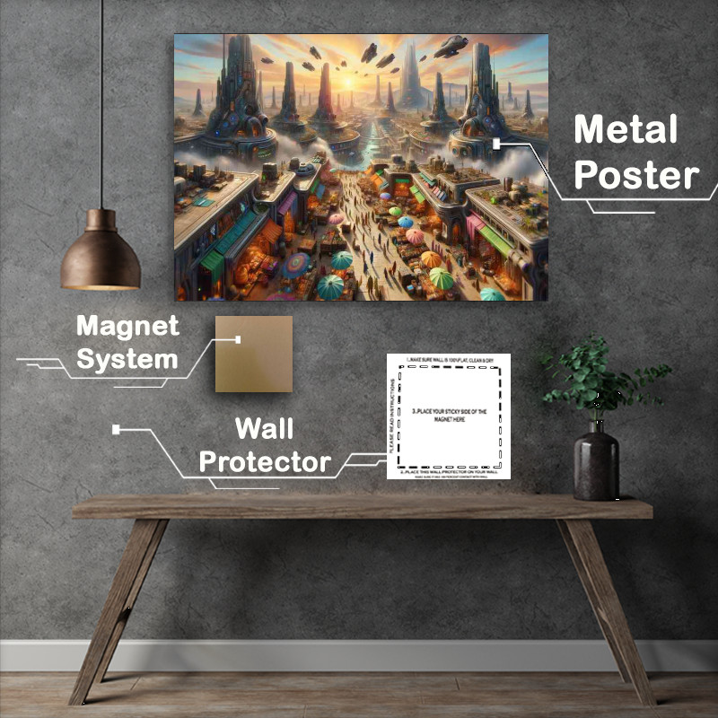 Buy Metal Poster : (A view from a fantasy planet vibrant alien market)