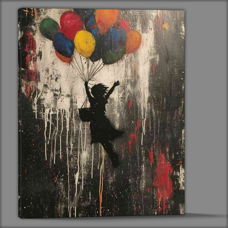 Buy Canvas : (Banksy style girl flying with coloured ballons)