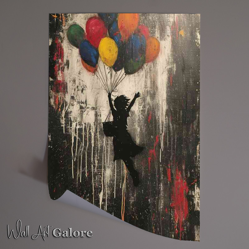 Buy Unframed Poster : (Banksy style girl flying with coloured ballons)