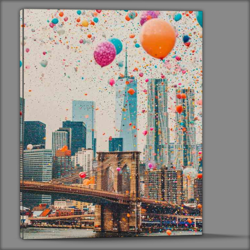 Buy Canvas : (Brooklyn bridge skyline with balloons floating above)