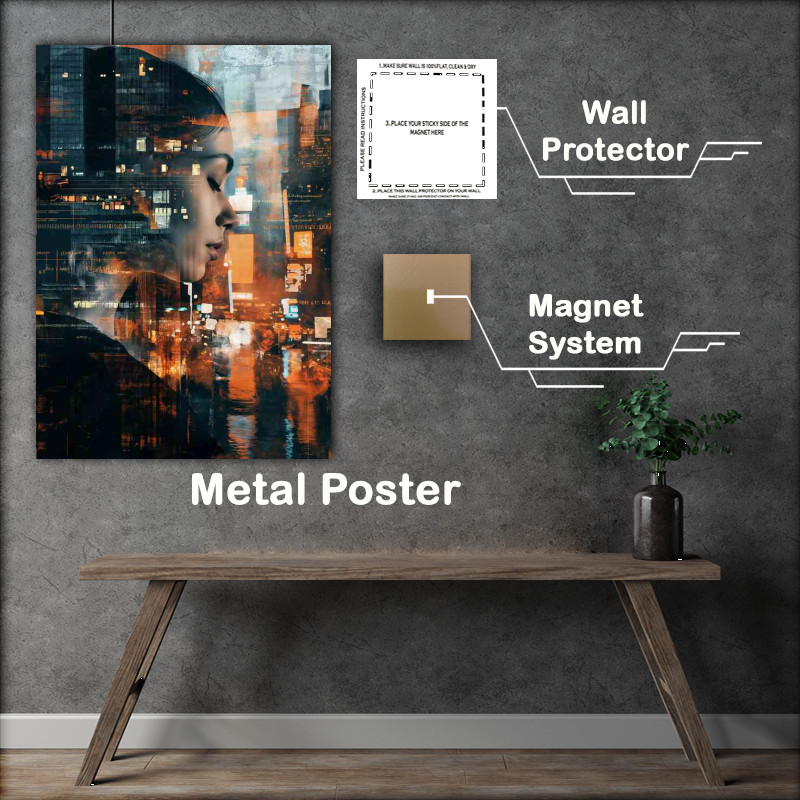 Buy Metal Poster : (City landscape with a womans face)