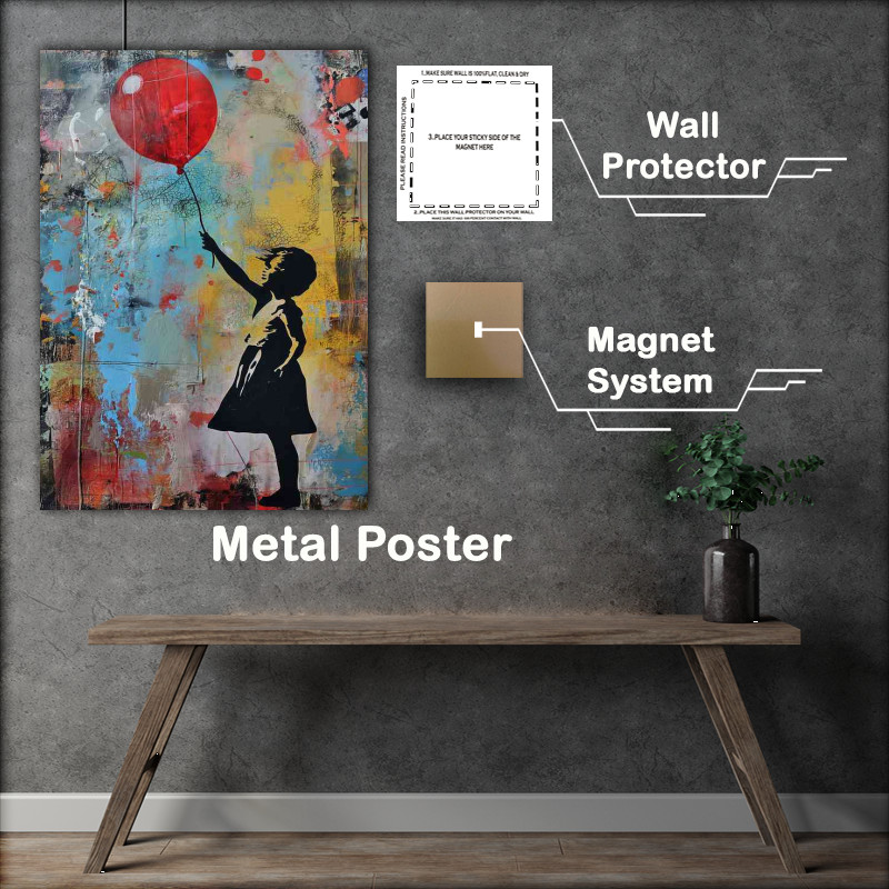 Buy Metal Poster : (Girl with red ballon banksy style graffiti)