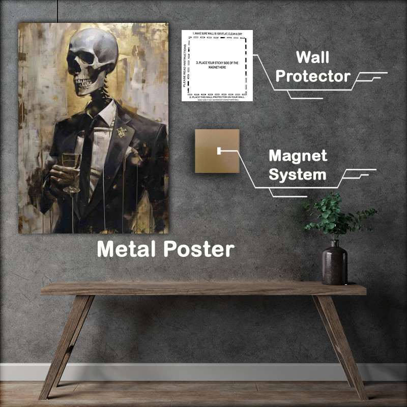Buy Metal Poster : (Skeleton in a suit holding a glass)