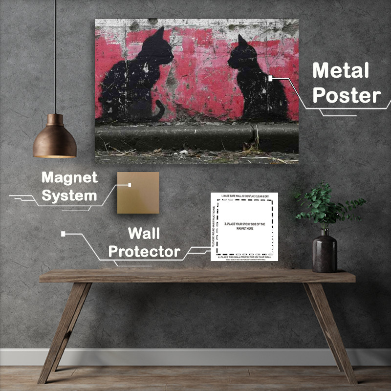 Buy Metal Poster : (Black cats on a pink wall street art)
