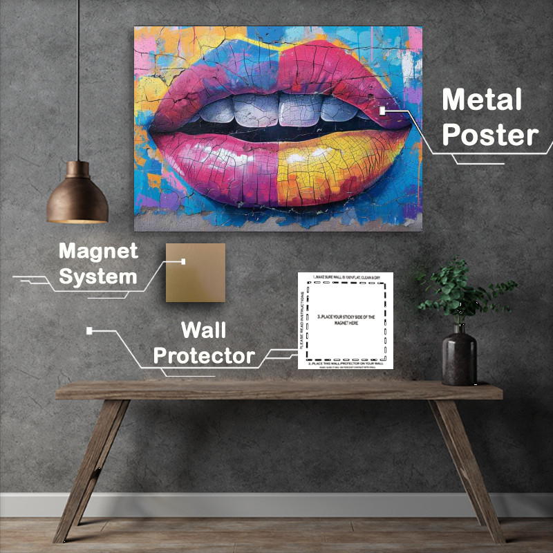 Buy Metal Poster : (Painting style lips of colourful wall)
