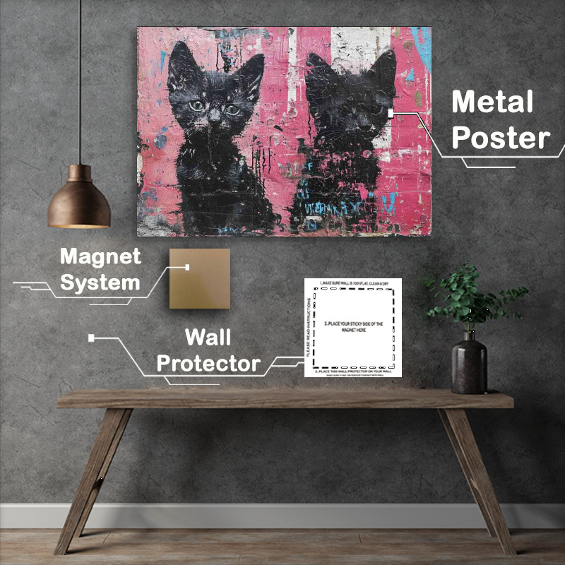 Buy Metal Poster : (Two black cats with painted pink wall art)