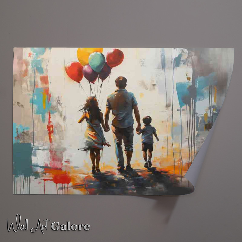 Buy Unframed Poster : (Two familys holding balloons bansky inspired)