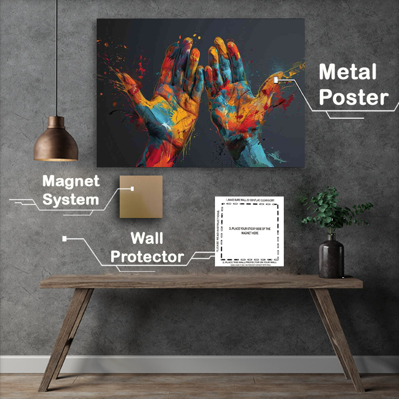 Buy Metal Poster : (Two hands with colourful art)