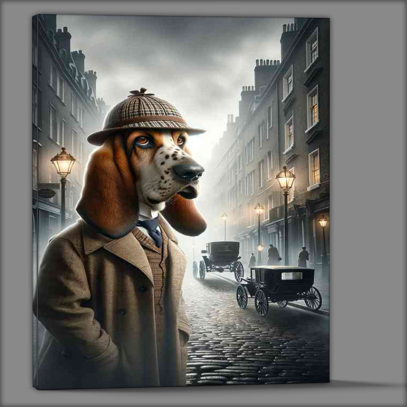 Buy Canvas : (Basset hound detective standing in a misty London street)
