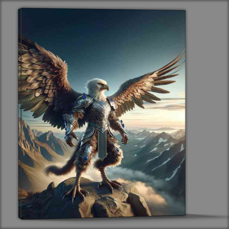 Buy Canvas : (Eagle warrior on a mountain in shimmering silver armor)