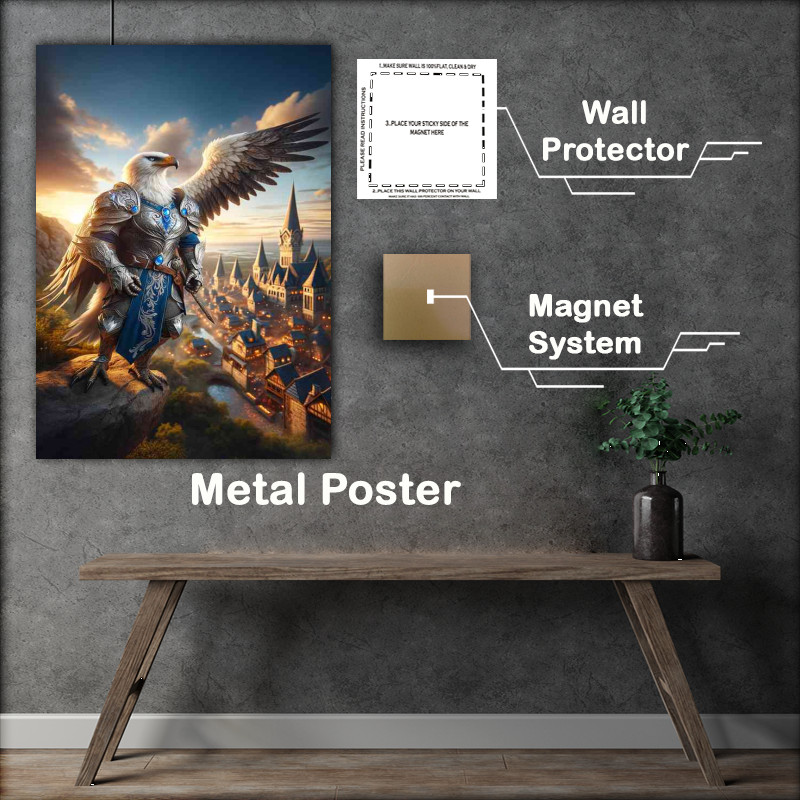 Buy Metal Poster : (Eagle warrior stands overlooking a medieval fantasy)