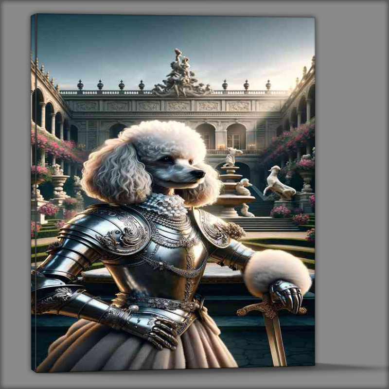 Buy Canvas : (French poodle warrior elegantly poised in a lavish palace garden)