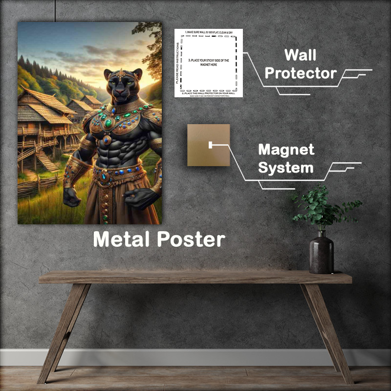 Buy Metal Poster : (Panther warrior stands in front of an ancient wooden village)