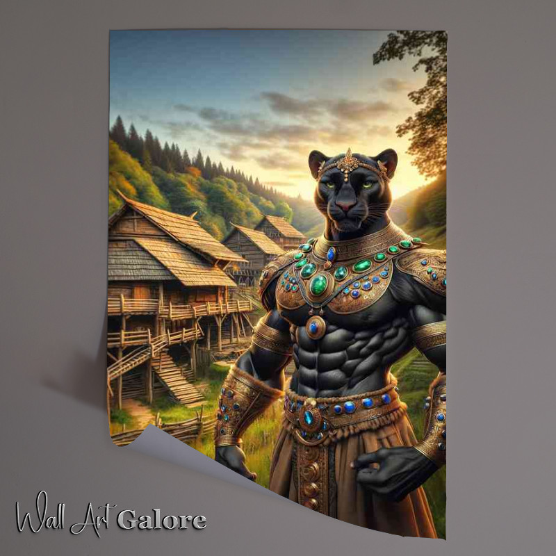Buy Unframed Poster : (Panther warrior stands in front of an ancient wooden village)