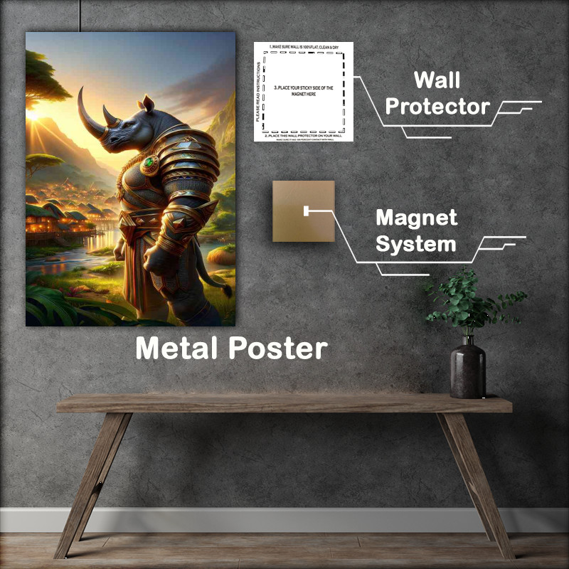 Buy Metal Poster : (Rhinoceros warrior powerfully in a lush vibrant village at dusk)