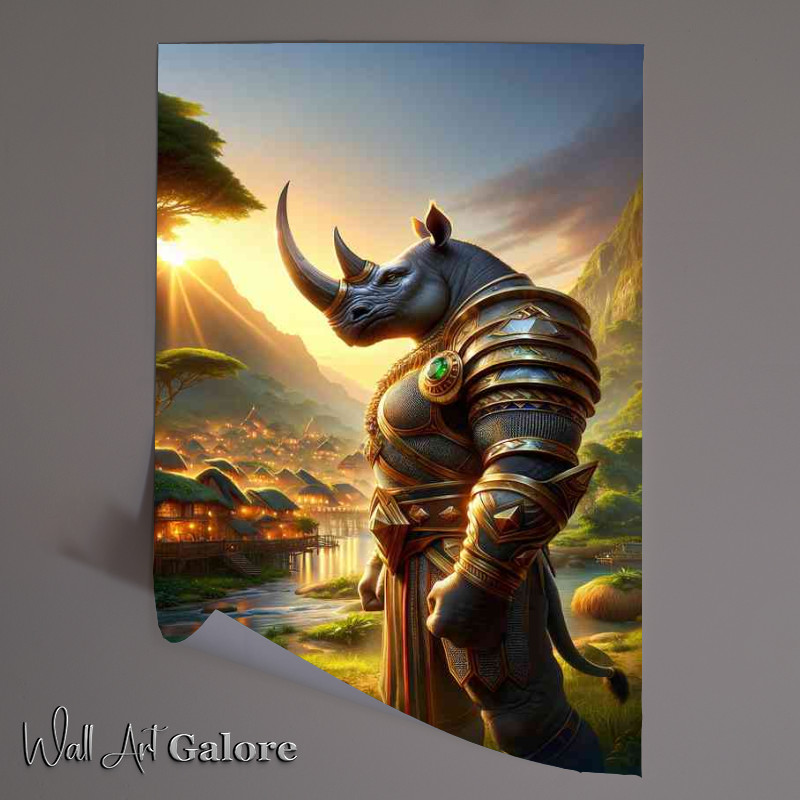 Buy Unframed Poster : (Rhinoceros warrior powerfully in a lush vibrant village at dusk)