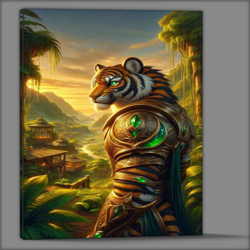 Buy Canvas : (Tiger warrior poised nobly in a verdant jungle village)