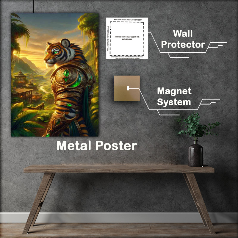 Buy Metal Poster : (Tiger warrior poised nobly in a verdant jungle village)