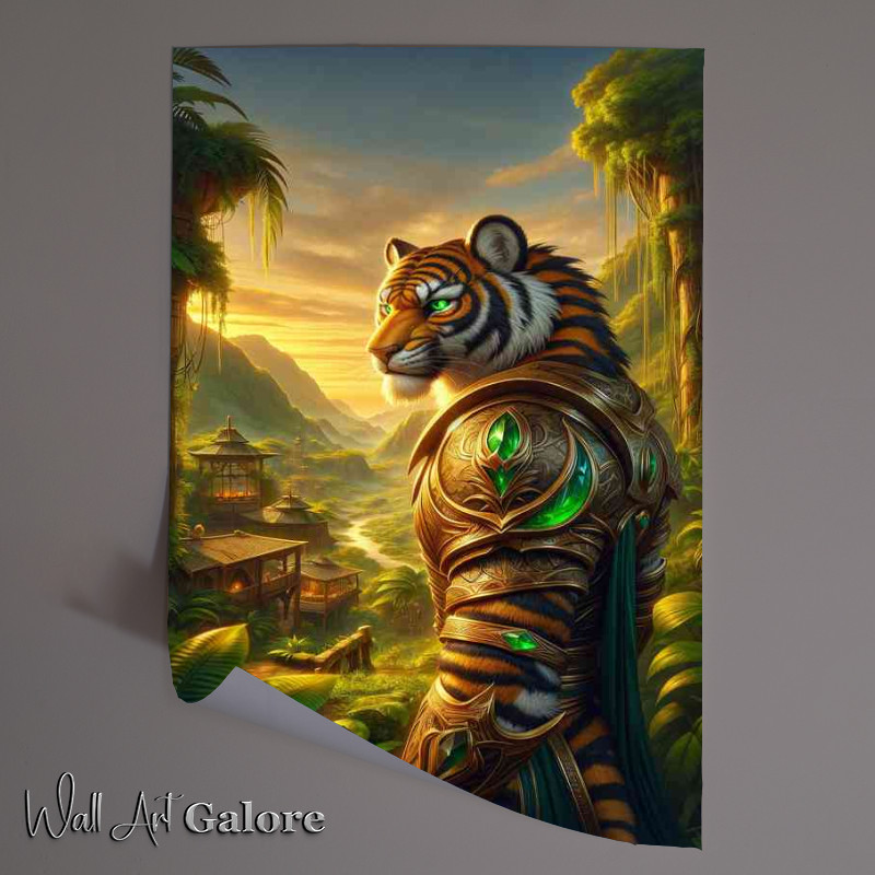 Buy Unframed Poster : (Tiger warrior poised nobly in a verdant jungle village)