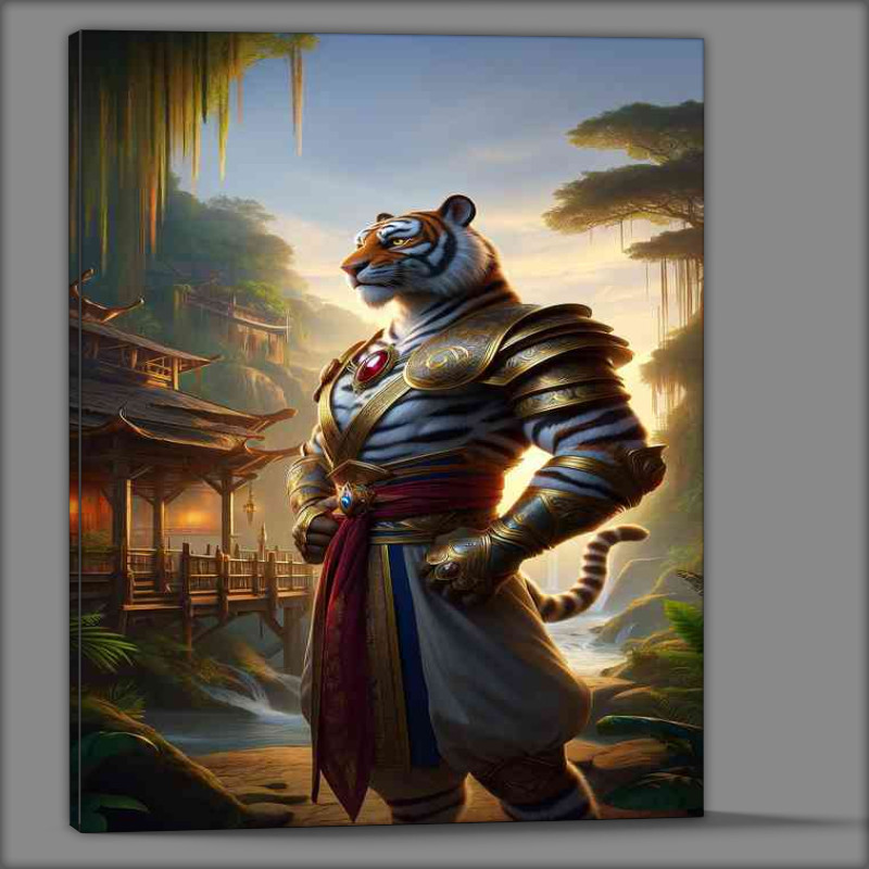 Buy Canvas : (Tiger warrior standing pose in an exotic jungle village)