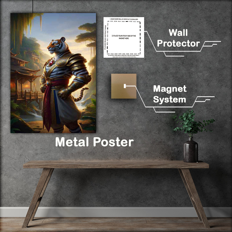 Buy Metal Poster : (Tiger warrior standing pose in an exotic jungle village)